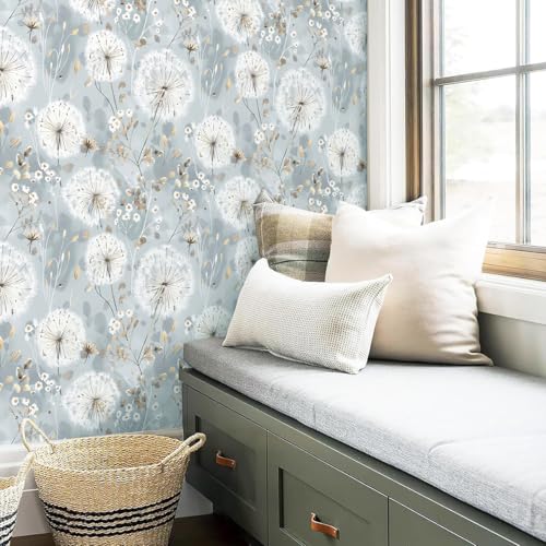 Nukofal Dandelion Floral Peel and Stick Wallpaper 16.9"x118" - Blue & White Contact Paper, Removable, Waterproof, Easy Install