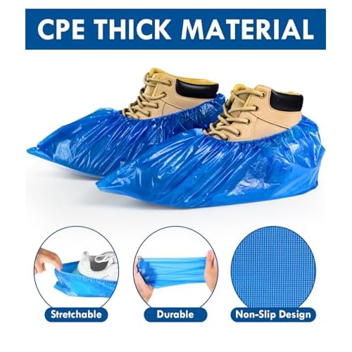 300PCS Disposable Non Slip Shoe Covers XL, Thick Waterproof CPE Boot Covers with Compact Roll Design, Fits Up to US Men 13 & Women 14, Heavy Duty Shoe Booties for Indoor Cleaning, Real Estate