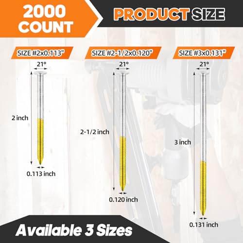 MossGrip 2 Inch x 0.113 Inch 2000 Count 21 Degree Ring Shank Framing Nails, Hot Dipped Galvanized, Compatible with Most Nail Guns