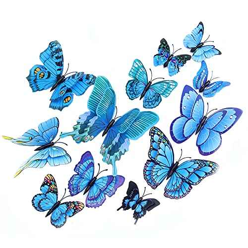 Butterflies Decoration, BOPART 24Pcs 3D Butterfly Decals Stickers for Party Decoration, Blue Butterflies Wall Decor Magnetic Butterfly for Crafts (12 Styles at 4 Sizes in Double Wings)