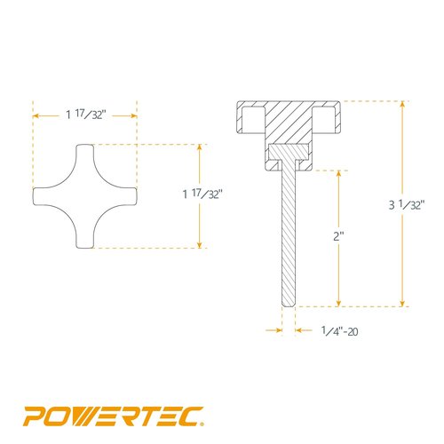 POWERTEC 5 Pack 1/4"-20 4 Point Knobs with 2" Threaded Stud, Thumb Screw Knobs with bolts for Lawn Mower, Umbrella Base, Woodworking Tools & Jigs, Clamps (QNB3011)