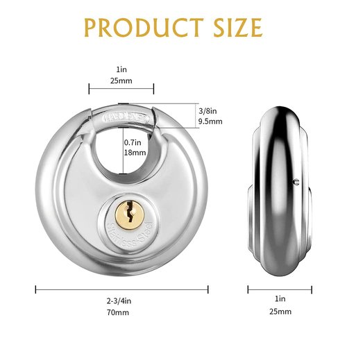 CINCINNO Keyed Alike Discus Padlock, Stainless Steel Storage Unit Lock,2-3/4 in.Wide,3/8 in. Diameter Shackle, Disc Locks for Sheds, Garages and Fence，2Pack