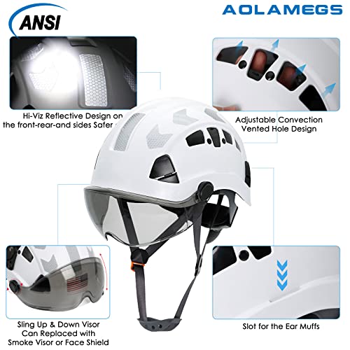 AOLAMEGS Construction Hard Hat with Visor - White Vented Hard Hats Construction OSHA Approved, ANSI Z89.1 ABS Safety Helmet,Adult Hardhats for Men Women,6 Point Suspension Hard Hat with Chin Strap