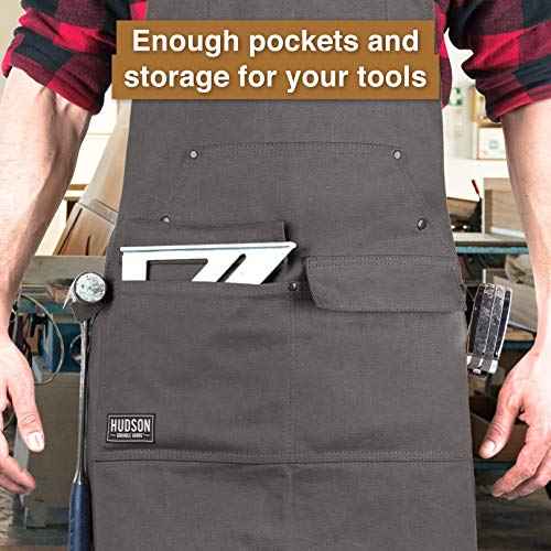 Hudson Durable Goods Woodworking Edition Waxed Canvas Tool Apron for Men and Women, Heavy Duty Work Apron with Front Pockets, Adjustable Padded Straps, Quick Release Buckle, Crossback - One Size, Grey