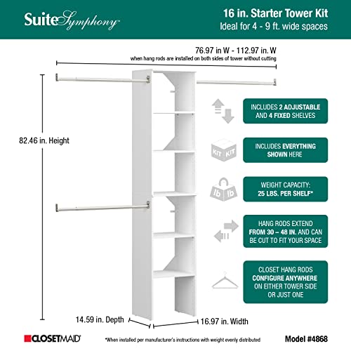 ClosetMaid SuiteSymphony Small Closet Organizer Starter Kit with Tower & 3 Adjustable Rods – Pure White