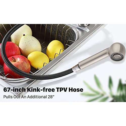 Awelife Brushed Nickel Utility Sink Faucet with Pull Out Sprayer, 4 Inch Centerset, 3-Hole Installation