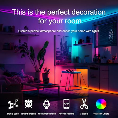 HBOWMDJIA 200FT RGB LED Strip Lights with Remote, Music Sync, App Control for Bedroom & Party
