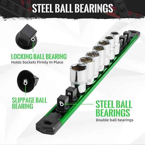 Magnetic Socket Organizer, 1-Piece Heavty Duty Aluminum Socket Holder, Socket Rail for Tool Box, Premium Quality 360¡Æ Swivel Socket Rack with 14 Clips for 3/8-Inch(Green)