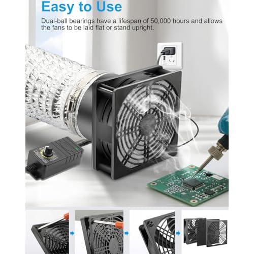 GDSTIME 120mm x 38mm 12V DC Axial Fan with 4 Inch Duct Flange Variable Speed Controller, 110V 120V AC Powered, Small Air Exhaust Fume Smoke Extractor Kit for Soldering, 3D Printer Enclosure