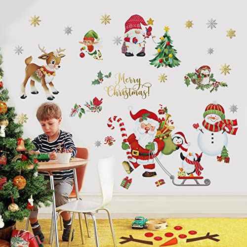 decalmile Christmas Window Wall Decals Santa Claus Elk Wall Stickers Snowman Snowflake Winter Penguin Window Clings Kids Room Home Party Shop Decorations