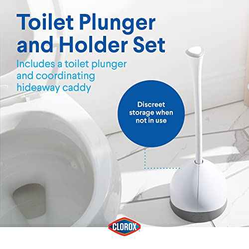 Clorox Toilet Plunger with Hideaway Holder Caddy Heavy-Duty Compact Design with Non-Skid Rubber Base for Bathroom Convenient Storage Toilet Unclogger, 6.5x19.5-Inch, White