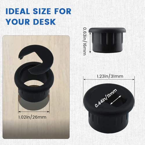 SDTC Tech 3-Pack Black Plastic Desk Grommet 25mm Cable Cover Organizer