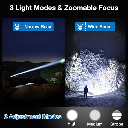 Flashlights High Lumens Rechargeable 2 Packs, 990,000L Handheld Tactical LED Strong Flash Light, Battery Powered Super Bright Flashlight with USB C, 3 Modes, Zoomable, USB Output for Home, Emergency