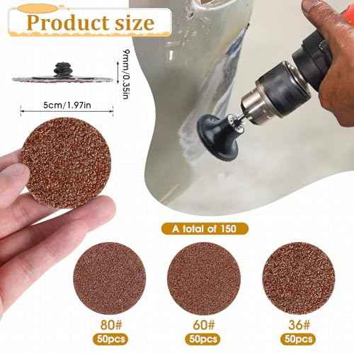 150 Pcs Sanding Discs Sets 2 Inch Surface Conditioning Discs 36/60/80 Grit Roll Lock Die Grinder Sanding Disc for Polish Rust Paint Removal Surface Prep Strip Grind