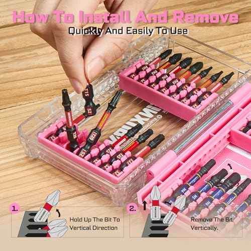 28Pieces Impact Screwdriver Bits Set, Magnetic S2 Steel Phillips/Slotted/Square/Torx Insert Power Bits Tips, Impact Bit Holder with Pink Storage Box Case