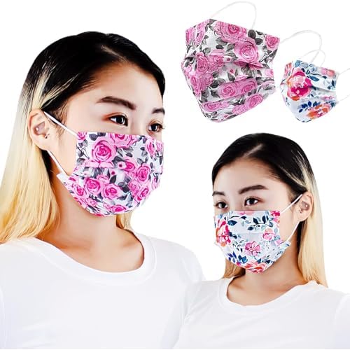 Disposable Floral Print Safety Mask 3 Layer Protection Face Mask for Adults 50 pcs (Rose print)