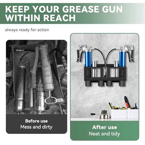 Grease Gun Holder,Grease Gun Rack Wall Mount Compatible with 2 Grease Guns,Grease Gun Storage with Removable Drip Cups &Spare Grease Tube Holder for Workshop, Garage