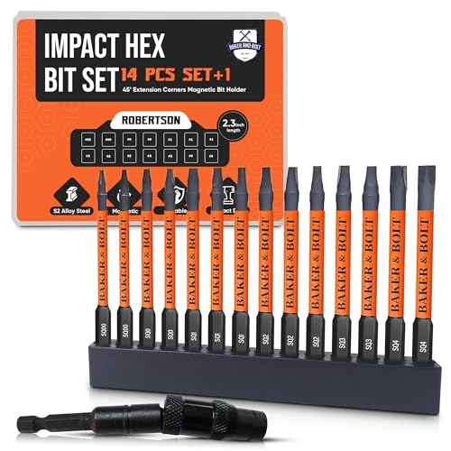 Baker&Bolt Impact Hex Bit Set, Robertson 14-pcs+bit holder14-pcs+bit holder Wrench Drill Bit Set, Hex Drill Bit Set, 45¡Æ Extension Corners Magnetic bit holder, Convenient Storage Case Included