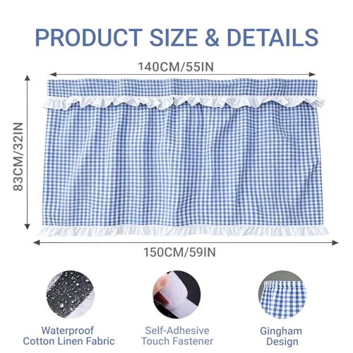 Blue Ruffle Gingham Under-Sink Curtain, 55x32in - Self-Gripping Cotton-Linen Farmhouse