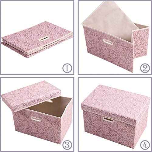 PRANDOM Collapsible Storage Boxes with Lids Fabric Decorative Storage Bins Cubes Organizer Containers Baskets with Cover Handles Divider for Bedroom Closet Living Room 14.9x9.8x9.8 Inch 3 Pack