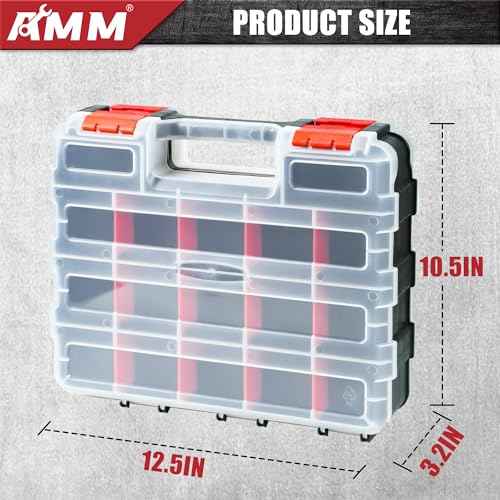 AMM Tool Box, Double Side Tool Box Organizer with 34 Compartments, Removable Dividers, Tackle Box Small Parts Screw Hardware Organizer for Screws, Nuts, Nails and Bolts (2 Piece, Red)