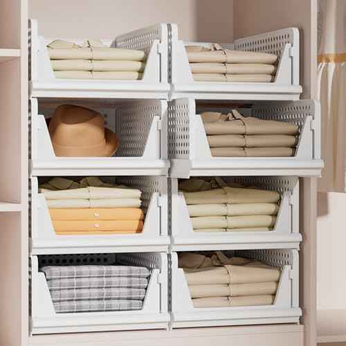 Proarea Stackable Plastic Storage Basket Closet Organizer Bin Foldable Clothes Organizer Storage Drawer Shelf Container for Living Room Bathroom Kitchen Office Laundry Room