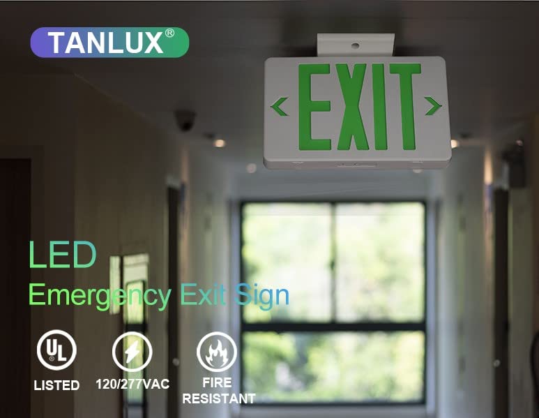 TANLUX Green LED Emergency Exit Sign with Battery Backup, Hardwired, 120/277V, UL Listed — 1 Pack