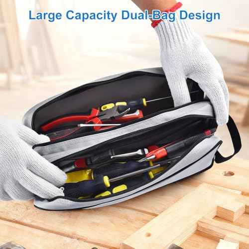 Dual Compartments Tool Bag, 12 Inch Zipper Tool Pouch Set, Utility Multipurpose Storage Organizer Tools Bag with Carrying Handle for Electrician Mechanic, Gift for Men (Grey & Green)