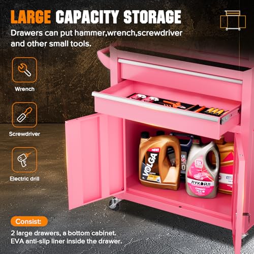 Crownland 8-Drawer Rolling Tool Chest: Pink, 2-in-1 Top Cabinet + Bottom Chest