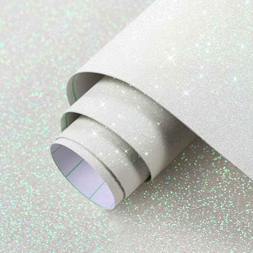 ReWallpaper Shiny Off-White Glitter Wallpaper Peel and Stick Iridescent White Wallpaper for Bedroom Removable Sparkle Wall Covering Decorative Contact Paper for Crafts DIY Dresser Jewelry 15.8inx10ft