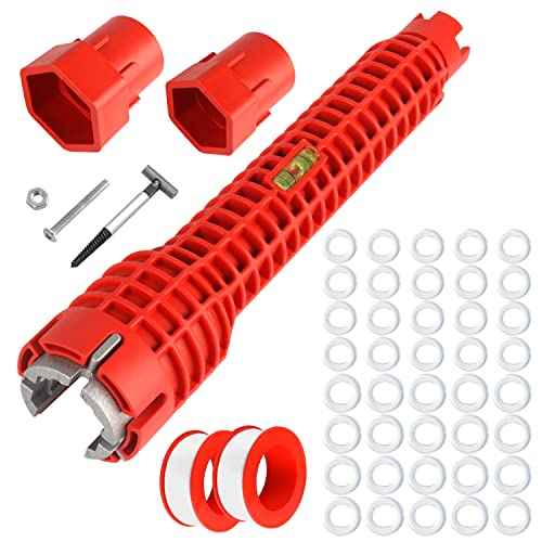 8-in-1 Faucet & Sink Installer Wrench - Red, Plastic, Ratchet, Plumbing Tool - Includes 2 Replaceable Heads (34mm & 40mm), 40 Washer Gaskets, 2 Thread Seal Tape - Plumbing Wrench