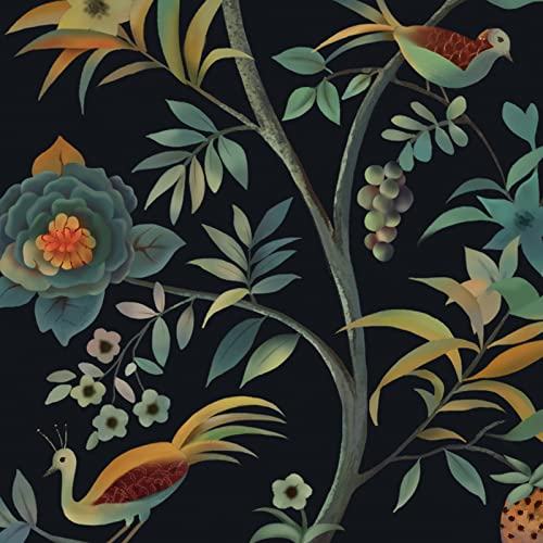 Peel and Stick Wallpaper Vintage Floral Wallpaper Black Flower Bird Tree Contact Paper Self Adhesive Removable Wallpaper Retro Wall Decorative Vinyl Roll 16.1''x118''