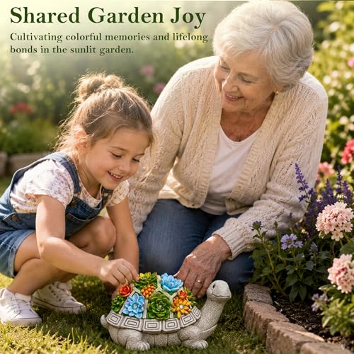 Grey Solar Turtle Garden Statue with Succulent & 7 LED Lights for Outdoor Decor