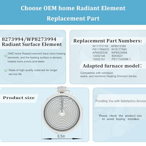 6.5in Radiant Surface Element 8273994 W11171119 Compatible with Whirlpool