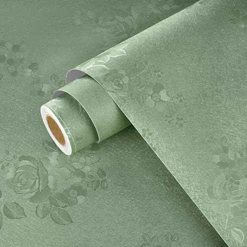Wallercity Sage Green Wallpaper Self Adhesive Rose Embossed Floral Peel and Stick Wallpaper for Bedroom Walls Waterproof Textured Floral Contact Paper for Kitchen Countertops Cabinets 15.8''x78.7''