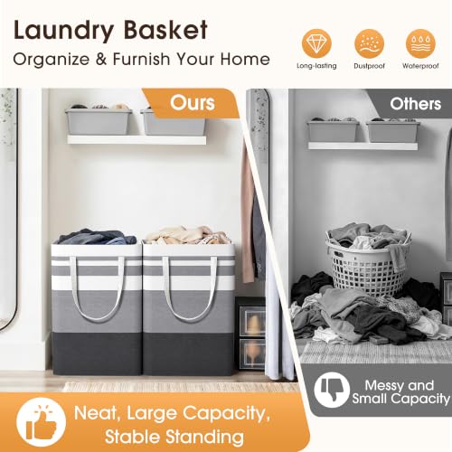 HomeHacks 2 Pack Large Laundry Hampers Bags Grey 75L - Collapsible, Waterproof, Heavy Duty Handles