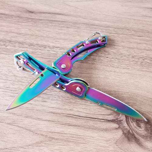 2 Pack Pocket Knife (Multicolored Titanium) with Key Ring Easy To Everyday Carry, Folding Knife Self-Defense