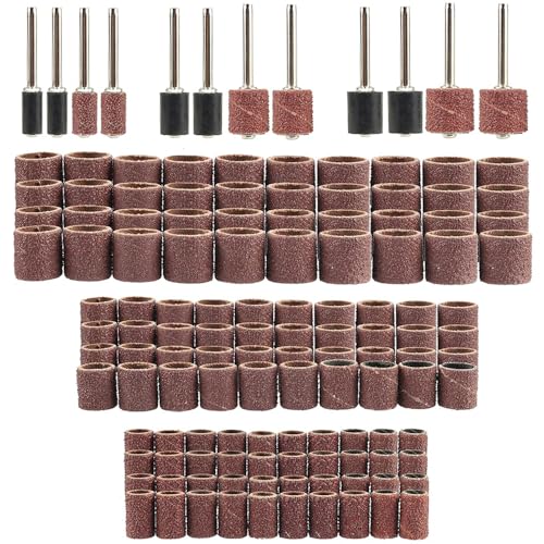 Yakamoz 132Pcs Sanding Drums Kit, 80 120 180 Grit Sanding Bands Mini Drum Sander Sleeves with 3mm Shank Drum Sanding Mandrels for Drill Dog Nail Grinder fits Dremel Rotary Tools