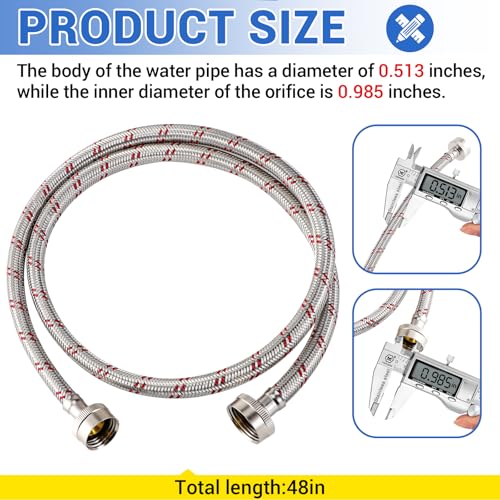 4 Ft Stainless Steel Washing Machine Hoses 2-Pack - Burst Proof Hot & Cold Water Supply, 3/4'' Standard Fit