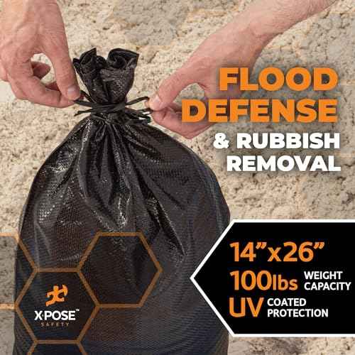 Xpose Safety Heavy Duty Sand Bags with Tie Strings ? Empty Woven Polypropylene Sandbags for Hurricane Flood Protection, 100 lb Capacity, 14" x 26", Black, Pack of 25