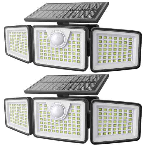 2500LM Solar Lights Outdoor with Motion Sensor,3 Head 270¡Æ Wide Angle Street Area Lights, IP65 Waterproof Security Lighting with 3 Modes(Non-Remote,2 Pcs)