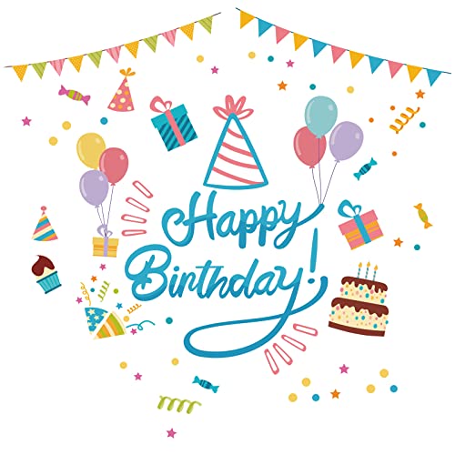 PLIGREAT Blue Happy Birthday Cake Wall Stickers, Peel and Stick Wall Decals, Removable Self-Adhesion Colorful Vinyl Wall Sticker for Birthday Party Dining Room Home Decoration DIY Art Decor