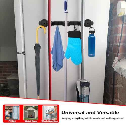 MUTUACTOR Heavy Duty Magnetic Broom Holder, 1PCS Mounting Broom and Mop Hanger, Anti-slip Black Magnetic Tool Holder 3 Slots and 4 Hooks for Fridge, Metal Door, Garage, Work Station