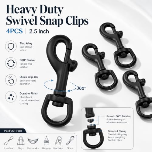 4 Pack Heavy Duty Black Zinc Alloy Swivel Eye Bolt Snaps - Flag, Dog Leash, Keychain Clamps