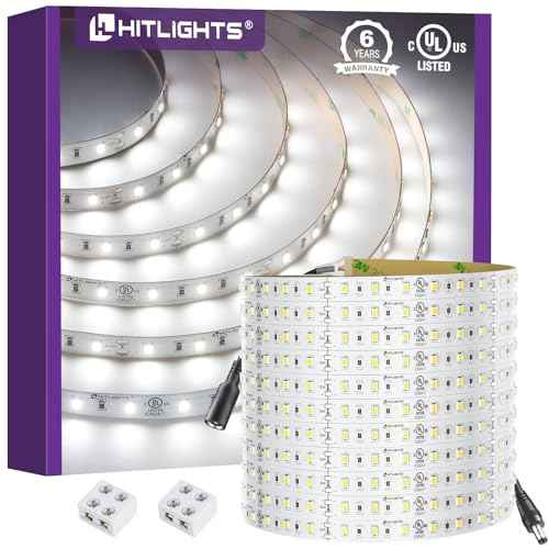 HitLights White LED Strip Lights 5000K 24V, 26.2ft Cuttable Tape Backed 3oz PCB, UL Listed, 1325 Lumen/m, CRI>95, IP20, Lighting for Living Room, Kitchen, Under Cabinets (Power Source Not Included)