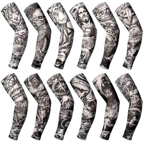 Boao 12 Pcs Temporary Tattoo Sleeve for Men Cooling Arm Sleeves Long Fingerless Arm Cover Anti Slip UV Protection Sun