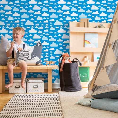 Cartoon Wallpaper Peel and Stick Blue Sky White Clouds Removable Wallpaper Vinyl Self Adhesive Cartoon Room Decor Photo Background for Room Playroom Nursery Wall Decorations 17.7x118 Inch