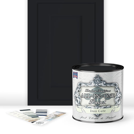 ALL-IN-ONE Paint, Durable cabinet and furniture paint. Built in primer and top coat, no sanding needed. Includes our 30 featured color card - Iron Gate (black), Quart