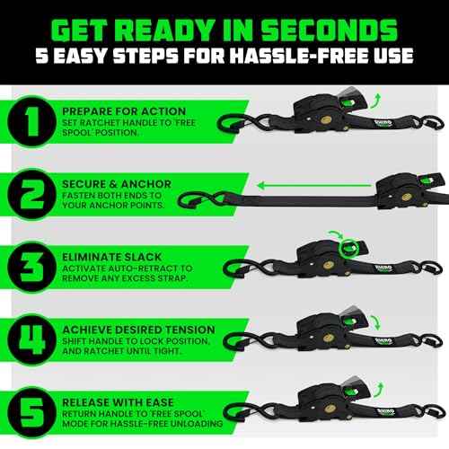 Rhino USA Retractable Ratchet Straps (4-Pack) - 1 Inch x 10 Feet (1,209lb Break Strength) - Auto Self Retracting Tie Down Straps for Truck, Cargo Trailer, Motorcycle, ATV, UTV - Black