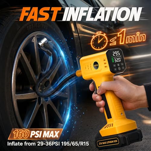Rafeox Yellow Portable Cordless Tire Inflator with Long Air Hose, Fast Inflation, Auto Shut-Off